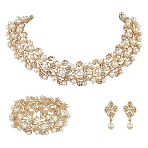 EVER FAITH collana a perla simulata e austriaco di cristallo 4 in 1 set orecchini+braccialetto+collana nuziale gioielli imposta colore avorio