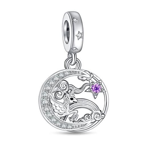 NINGAN 925 colgante de encanto unicornio de plata esterlina colgante de piedra púrpura brillante adecuado para collar de pulsera de mujer