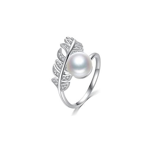 H'Helen anello aperto in argento sterling 925 e perla coltivata di acqua dolce piuma di zirconi scintillanti per donna ragazza