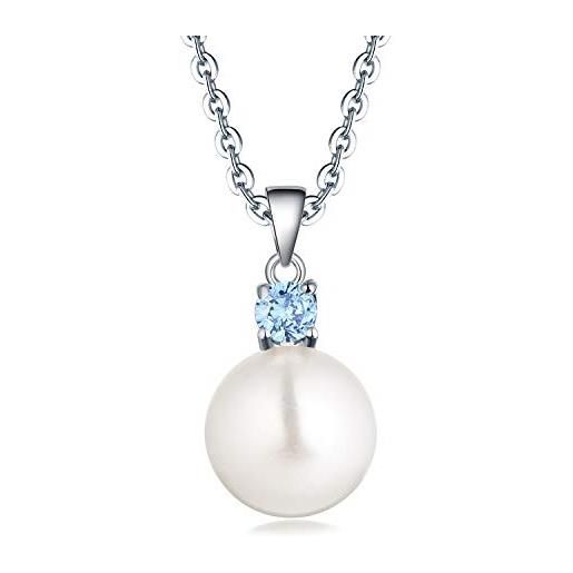 JO WISDOM collana di perla argento 925 donna, ciondolo con catena perla d'acqua dolce 10 mm zirconia cubica aaa marzo birthstone colore acquamarina