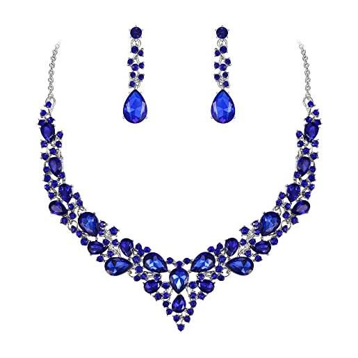 EVER FAITH matrimonio sposa cristalli goccia cluster statement collana orecchini pendenti pendenti set di gioielli per donne blu argento-fondo