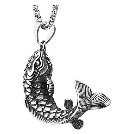 COOLSTEELANDBEYOND uomo donna acciaio inossidabile fortunato pesce koi pesce rosso ciondolo collana con pendente con 60cm catena del grano
