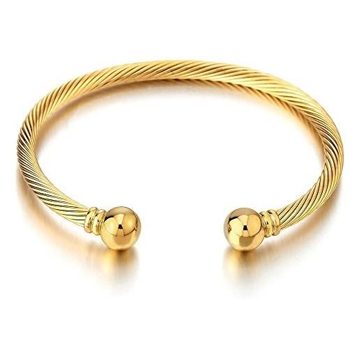 COOLSTEELANDBEYOND colore oro elastico regolabile braccialetto del polsino, bracciale da uomo donna, acciaio inossidabile, cavo intrecciato