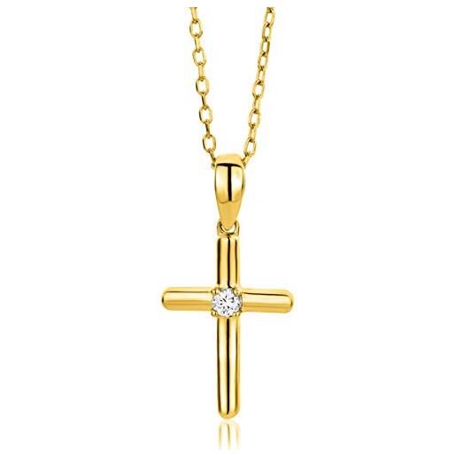 MIORE collana croce con diamante naturale oro giallo, vero oro 9kt 375, catenina con croce lucida e brillante - ciondolo con catena anallergica. La catenina è lunga cm. 45. 