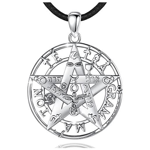 CELESTIA collana donna uomo pentacolo tetragrammaton ciondolo argento 925 wicca gioielli donne regali amuleto portafortuna per lei lui, 61cm cordino cuoio