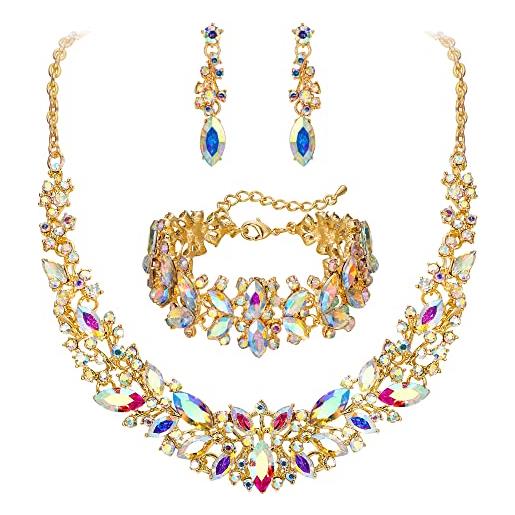 Clearine - set di gioielli da donna per matrimonio con cristalli austriaci tagliati a marquise, con collana, bracciale e orecchini con pendente, lega di acciaio