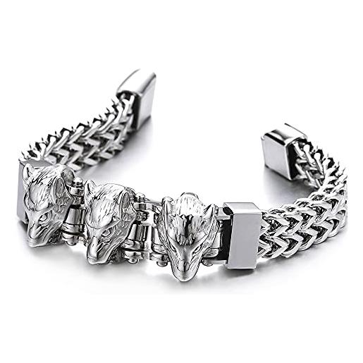 COOLSTEELANDBEYOND acciaio quadrati franco link barbozzale braccialetto bracciale id da uomo, tre testa di lupo collegamento chain