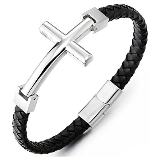 COOLSTEELANDBEYOND acciaio lato orizzontale laterale croce nero intrecciato pelle bracciale, uomo donna braccialetto cuoio