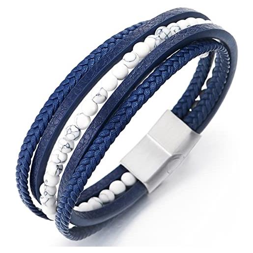 COOLSTEELANDBEYOND bianco pietre perlina catena blu intrecciato cuoio fascia polso braccialetto, pelle bracciali, chiusura magnetica