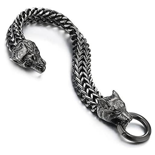 COOLSTEELANDBEYOND biker grigio nero acciaio braccialetto del lupo testa franco link, barbozzale, bracciale da uomo, con chiusura a molla