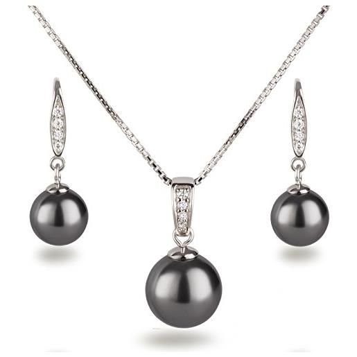 Schöner Schmuck-Design schöner sd set di gioielli con perle grigio scuro antracite, con collana e orecchini pendenti decorati con zirconi, in argento 925 rodiato