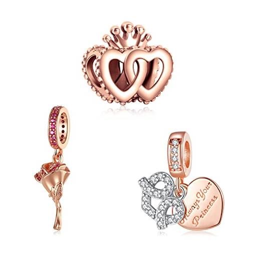 Doyafer corona amore cuore rosa charms argento 925 dangle charms per le donne bracciali collana feste di compleanno regalo 3 pezzi/pacchetto