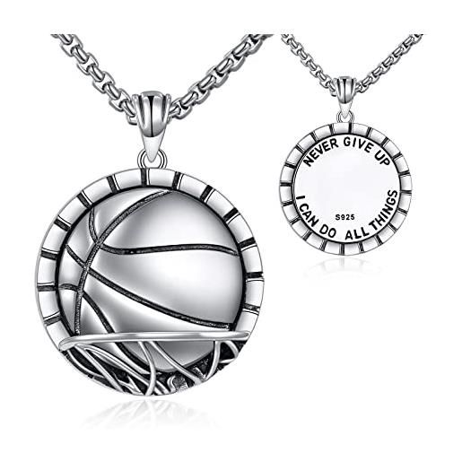 YFN collana basketball argento sterling ciondolo pallacanestro never give up gioielli regalo per donna uomo bambino bambina