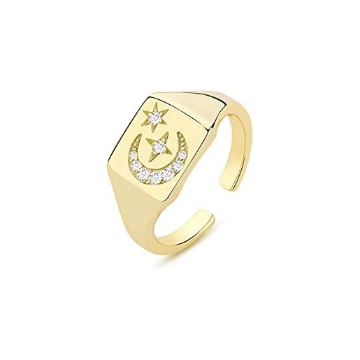 GENERIC anello aperto da donna in argento sterling, anello piatto liscio quadrato, incastonato con stella lunare in zircone, gioielli da donna con ciondolo in oro k979