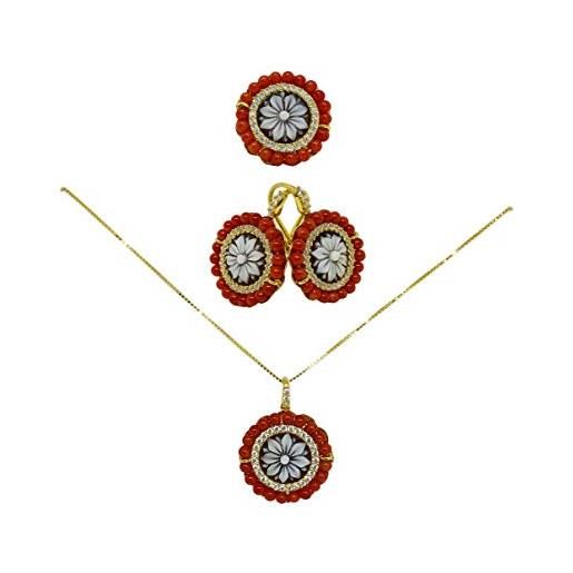 sicilia bedda - set corallo rosso del mediterraneo e cammeo - argento 925 placato oro 18 kt - prodotto artigianale - idea regalo (set completo)
