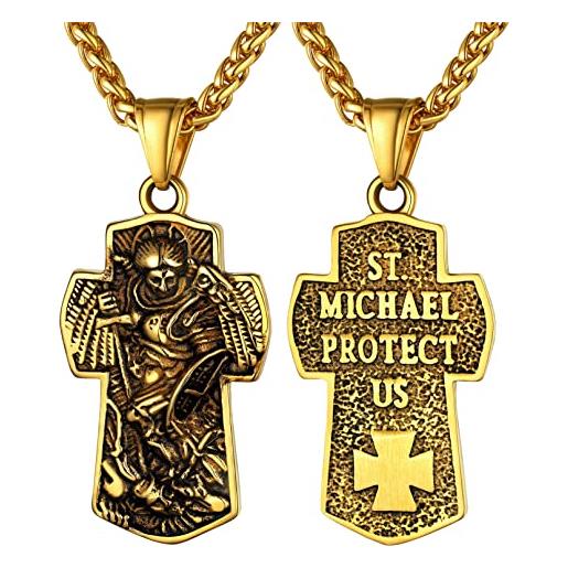 Bandmax san michele vintage collana uomo personalizzato, 56+5 cm catena ciondoli per collane portafortuna in acciaio, oro croce crocifissa collana per uomo ragazzo, idee regalo natale compleanno