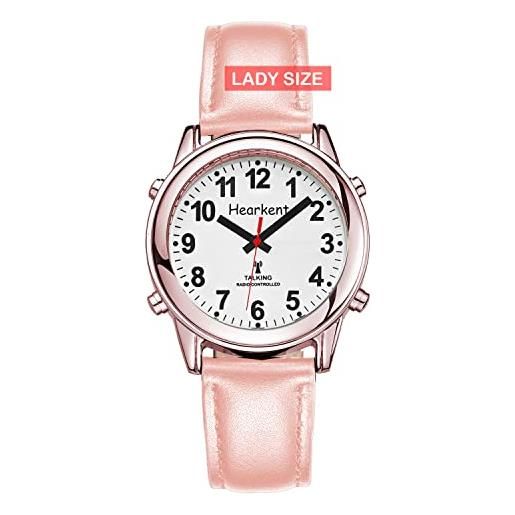 Hearkent atomic - orologio parlante con numeri grandi e cinturino espandibile auto-impostante, per non vedenti o anziani, oro rosa con rosa, lady size, cinturino