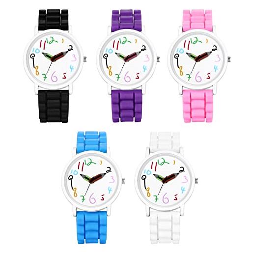 JewelryWe orologio da polso da donna al quarzo, cinturino in gomma, orologio da ragazza, numeri colorati, matita, regalo festa dei bambini