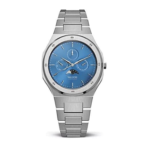 Valuchi uomo calendario lunare automatico indicatore giorno e notte orologio (blu argento)