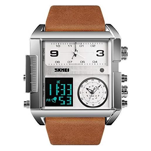 SKMEI orologio sportivo digitale da uomo, quadrante grande, analogico, al quarzo, con cronometro impermeabile e multi-fuso orario colore: argento e marrone. 