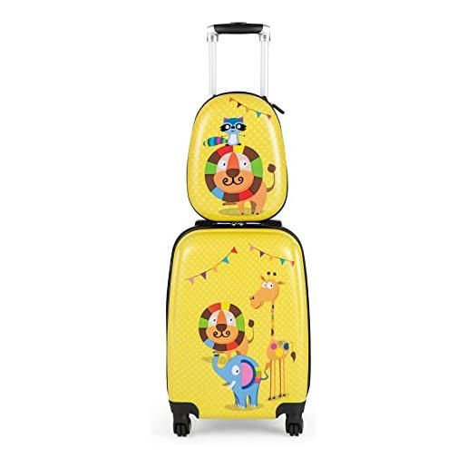RELAX4LIFE 2 in 1 set di valigie per bambini, trolly 18''+zaino 12'', valigia trolley con ruote girevoli, zaino con piedini in plastica (animali)