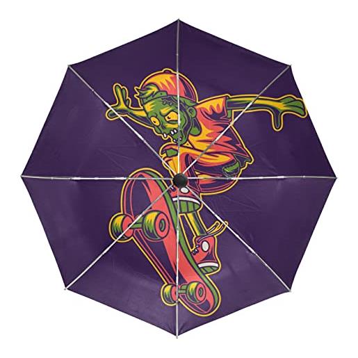 Sawhonn simpatico teschio fantasma skate ombrello automatico pieghevole portatile ombrelli antivento da viaggio per uomini donn