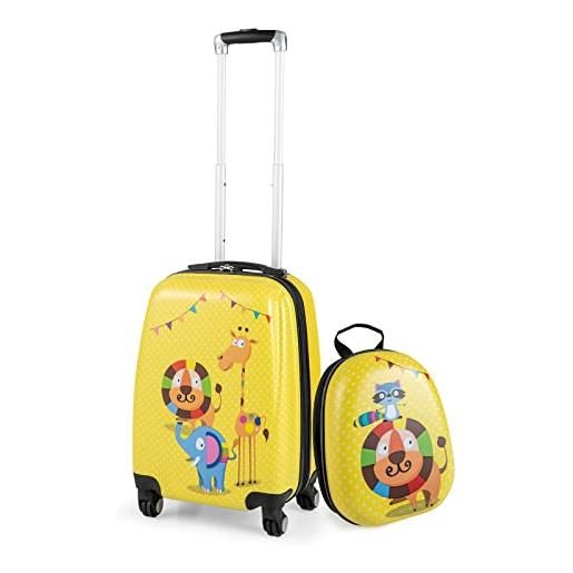 COSTWAY 2 pezzi valigia per bambini con maniglia retrattile + zaino bagaglio a mano, con ruote girevoli a 360 ° (leone)