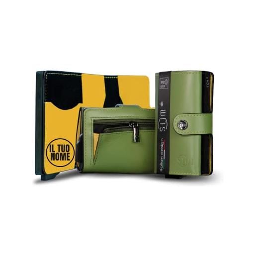 SLim portafoglio personalizzabile porta carte di credito schermato portacarte anticlonazione uomo donna personalizzabile (verde pistacchio e giallo con zip)