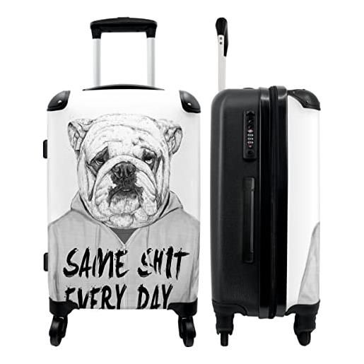 NoBoringSuitcases.com® valigia grande - cane - maglione - frase - bianco - lucchetto a combinazione tsa - trolley rigido 4 ruote - 90 litri - valigia da viaggio - 66 cm