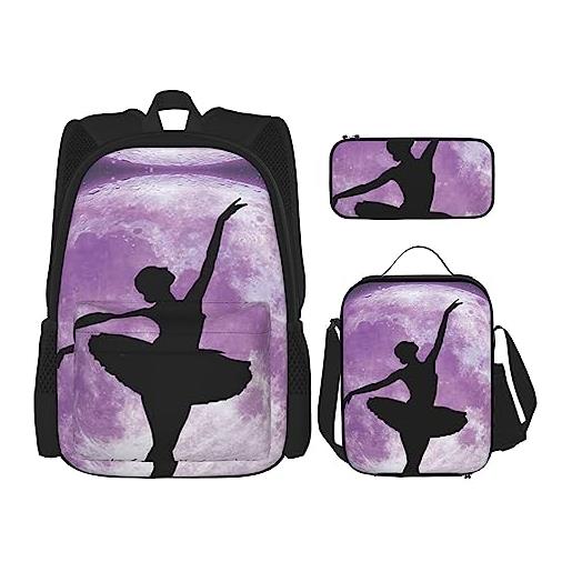 TOMPPY ballerina dance borsa posteriore stampata, zaino set 3 pz, borse da scuola con scatola per il pranzo e astuccio per matite, nero , taglia unica, set borsa da scuola