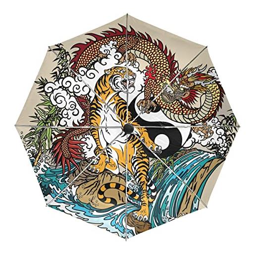 Sawhonn simpatico regalo re tigre drago ombrello automatico pieghevole portatile ombrelli antivento da viaggio per uomini donn