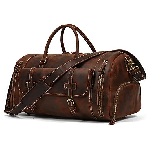 LUUFAN borsa da viaggio in vera pelle per uomo borsa da viaggio borsello in pelle di vacchetta ad alta capacità borsa vintage da weekend (brown-58cm)
