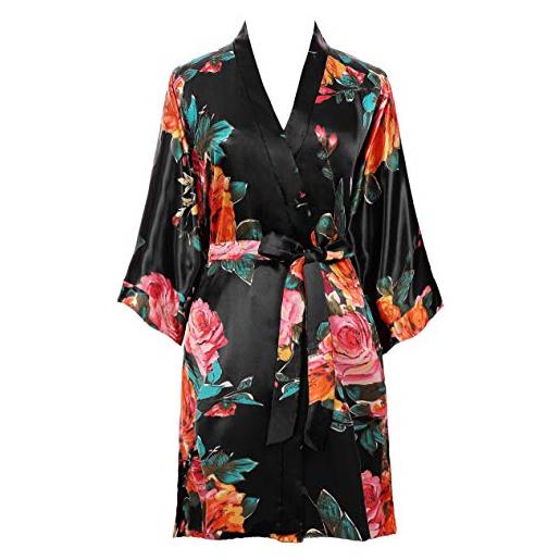 Prodesign vestaglia estiva da donna con stampa floreale kimono in raso con stampa floreale, nero , taglia unica