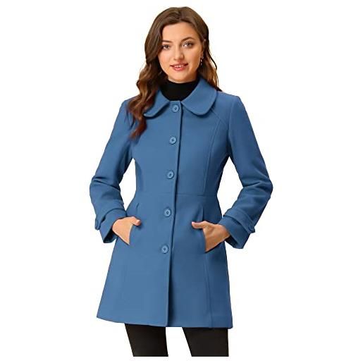 Allegra K cappotto invernale da donna con colletto singolo petto con bottoni frontali peter pan, blu scuro, 12