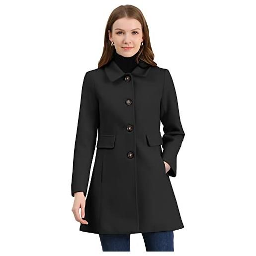 Allegra K cappotto invernale da donna vintage con colletto con risvolto monopetto medio lungo, nero , s