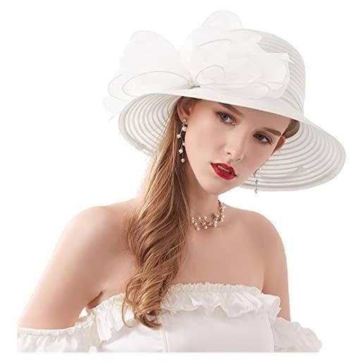 Naimo cappello da donna in organza chiesa kentucky derby fascinator elegante fiocco largo tesa cappello da sposa tè festa matrimonio cappello da sole, bianco, taglia unica