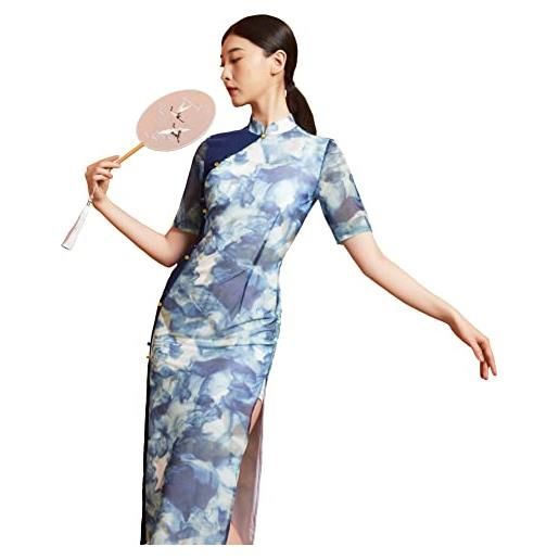 ROYAL SMEELA abito cinese blu qipao abito cinese tradizionale donne vestito stile cinese cheongsam fiore maniche corte abiti tradizionale cinese fiore stampa abito da sera cocktail abito da festa