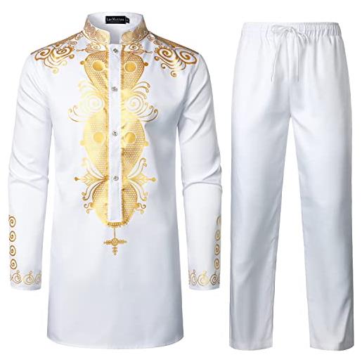 LucMatton completo da uomo in 2 pezzi con stampa dorata tradizionale camicia e pantaloni set etnico dashiki suit abbigliamento africano oro bianco xl, bianco, x-large
