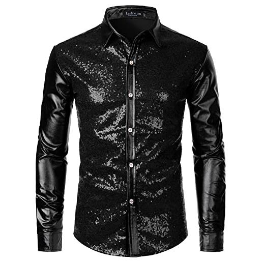 LucMatton camicia da uomo a maniche lunghe metallizzata lucida slim fit button down per club rock hip hop discoteca party cosplay, nero, xx-large