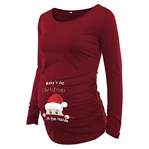 ManShiGuang umorismo maternità top shirt divertente gravidanza incinta t shirt manica lunga, primo natale, vino rosso, s - xxl