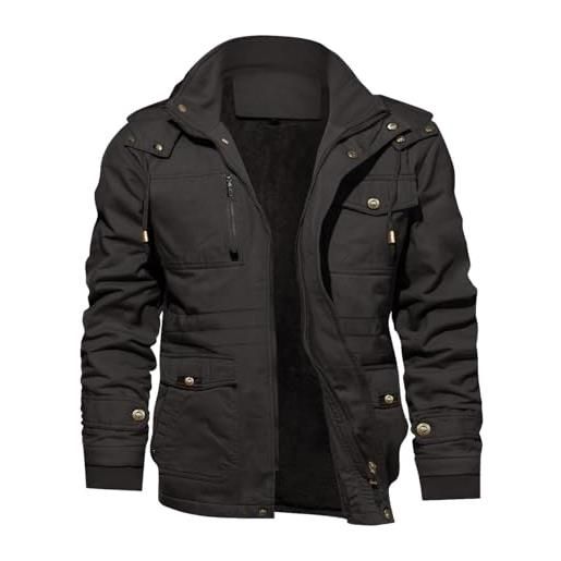 KEFITEVD - giacca invernale da uomo in pile foderata, calda giacca invernale con cappuccio rimovibile, giacca invernale per le mezze stagioni con colletto alto, grigio scuro, xxxl