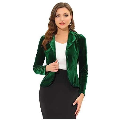 Allegra K blazer da donna con risvolto a maniche lunghe in velluto con bottoni per ufficio, verde scuro, 48