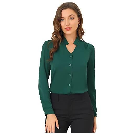 Allegra K camicia da donna in chiffon con scollo a v a maniche lunghe e bottoni, verde, 48