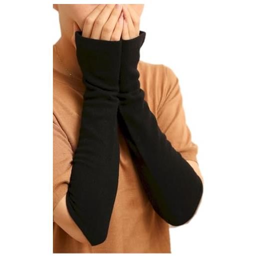 Prettystern donna 100% cachemire lana manicotti scaldabraccia guanti lunghi mezze dita cashmere grigio scuro bordo a 2 strati nero