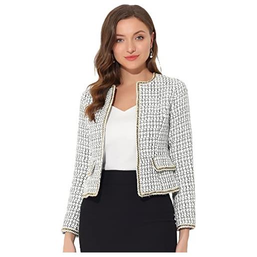 Allegra K giacca corta da donna in tweed scozzese blazer manica lunga aperta davanti lavoro ufficio giacca corta, bianco, 48