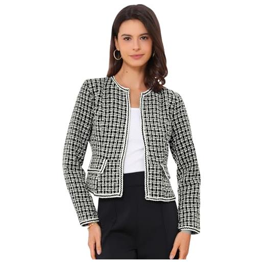 Allegra K - blazer da donna a maniche lunghe, senza colletto, a quadri, con apertura frontale, corto da lavoro, in blu scuro, nero , 44