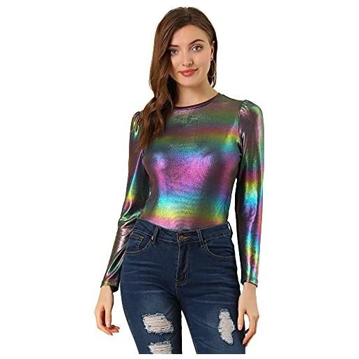 Allegra K camicia da donna a maniche lunghe scintillante con glitter metallizzati lucidi, multicolore, 48