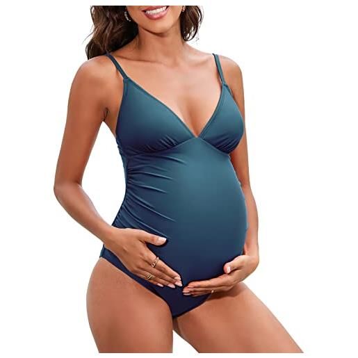 CUPSHE costume da bagno di maternità per le donne costumi da bagno intero gravidanza costumi da bagno spalline increspate regolabili, blu scuro, m