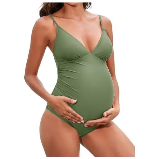 CUPSHE costume da bagno premaman per le donne costumi da bagno interi costumi da bagno gravidanza costumi da bagno spalline sottili increspato regolabile, verde scuro, xs