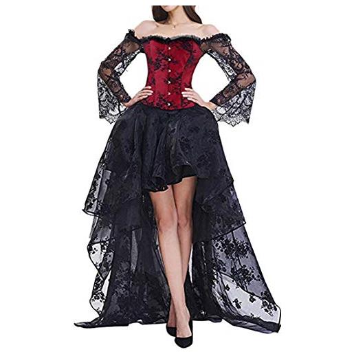 EUDOLAH donna bustino cocktail party corsetto halloween body steampunk vintage abito elegante da sera in pizzo floreale top ballo(f-rosso, m)